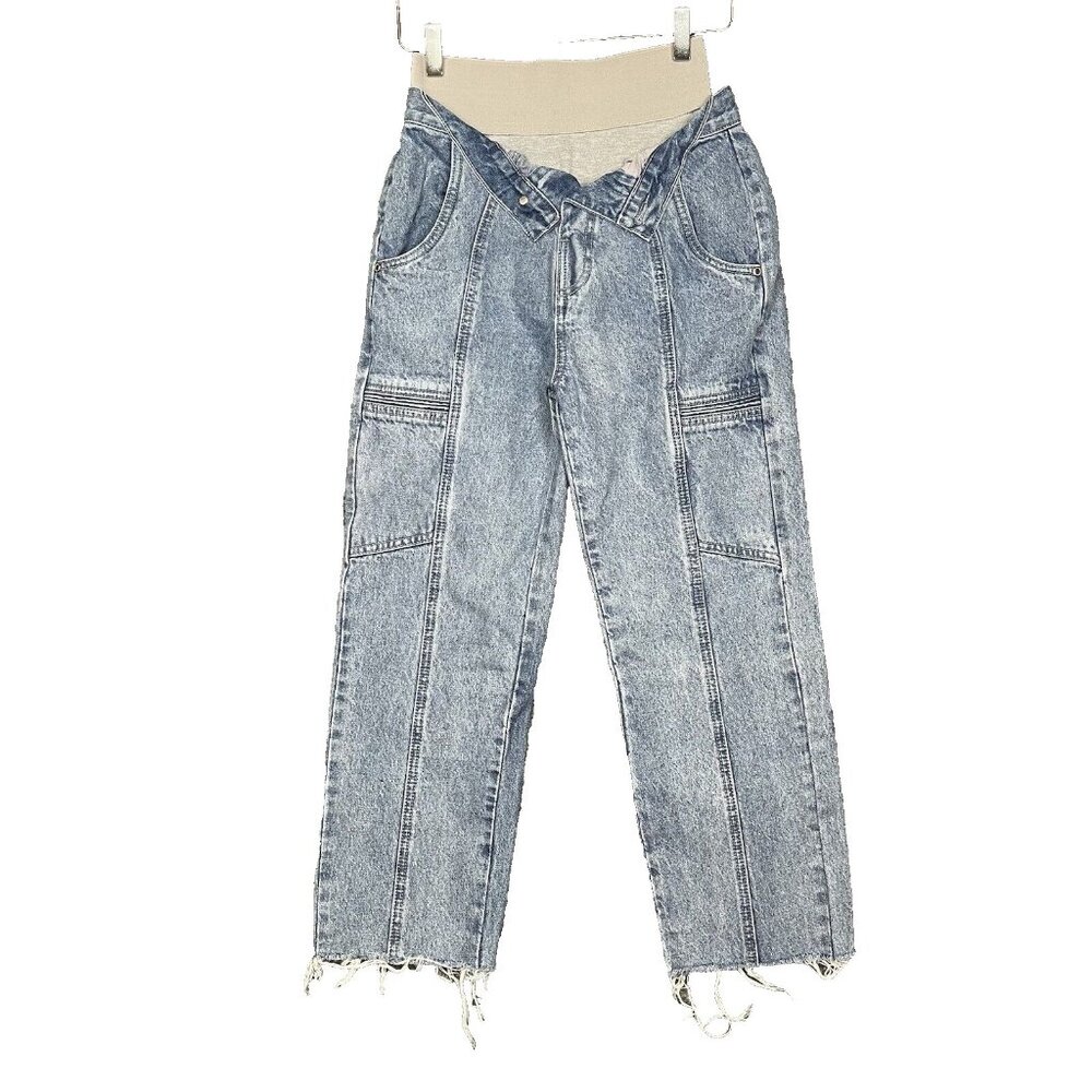 Maniere De Voir Jeans Womens 4 Blue Foldover Waistband‎ Mom Knit Liner Split Hem